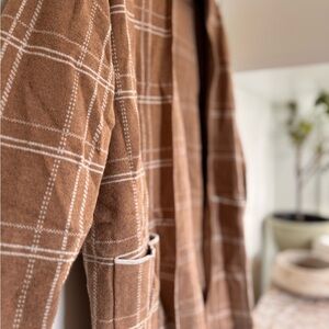 Brown Plaid Open-Front Cardigan with White Windowpane